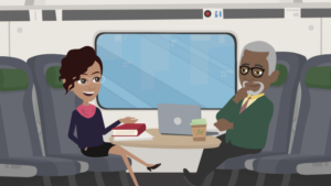 Deux personnes discutant dans un train.