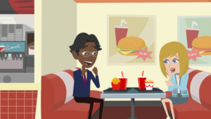 Deux personnes discutant dans un restaurant fast-food.