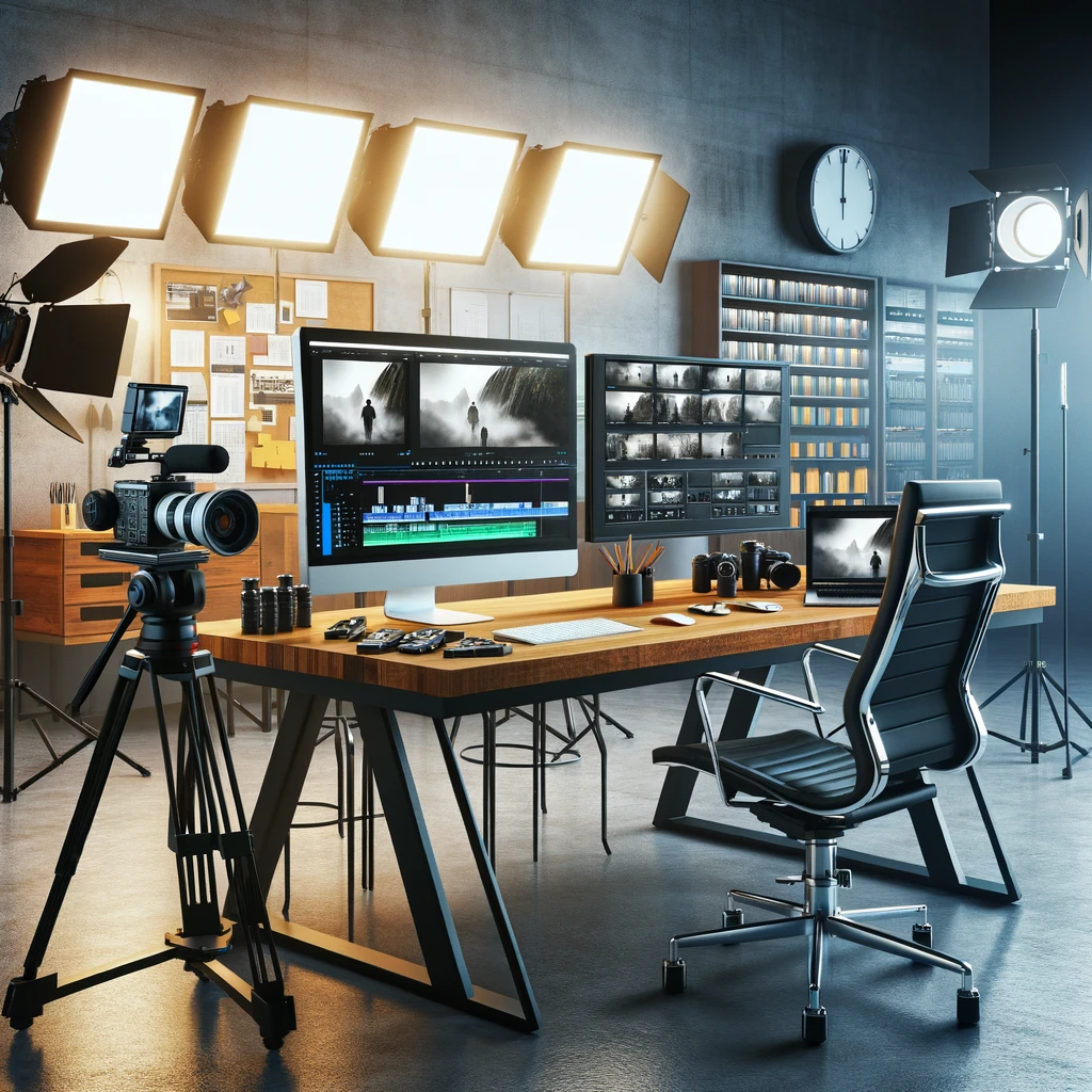 Studio montage vidéo professionnel moderne.